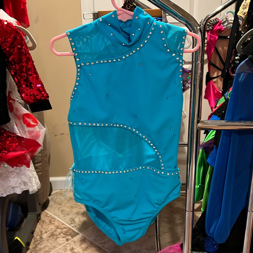 Blue Balera costume with custom stones and added feather on the butt